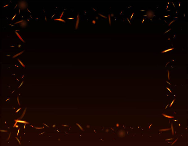 Flammende Flamme Fiery Sparkles Hintergrund. Vereinzeltes Feuer, orangerot gelbe Funken, Rauch. Helle Nacht, goldene Sterne. Realistisches Feuerbild auf Schwarz. Heiße brennende Flocken blitzen auf. Realistischer Energieschein. - Vektor, Bild