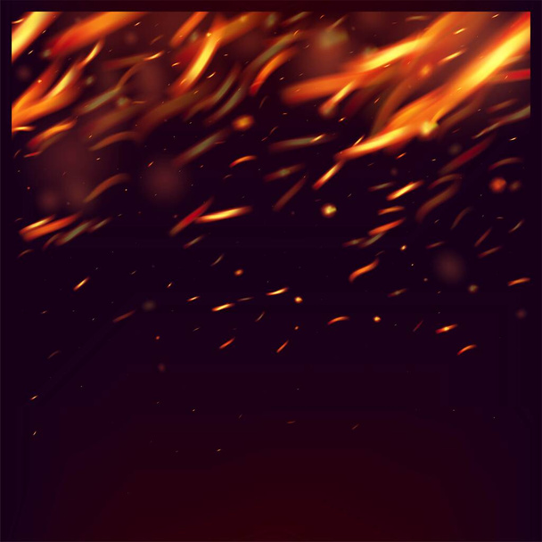 Brennende Flamme feurige Funken Hintergrund. Vereinzeltes Feuer, gelb-rot-orange Funken, Rauch. Realistisches Feuerbild auf Schwarz. Helle Nacht, glitzerndes Gold. Realistischer Energieschein. Heiße lodernde Blitze. - Vektor, Bild