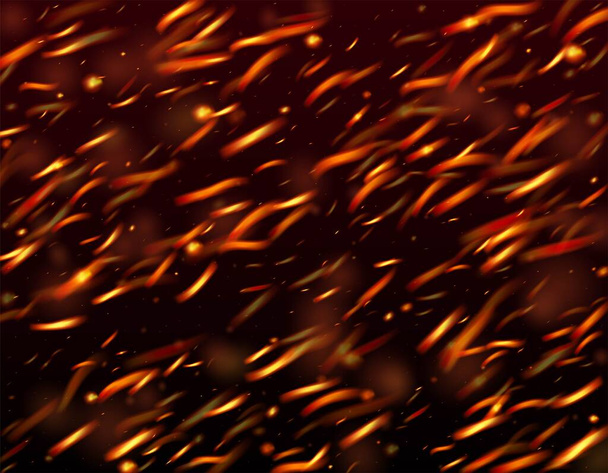 Lángoló Láng Tüzes Csillogás Háttér. Izolált tűz, narancs sárga vörös szikrák, füst. Forró Égő Flake Villanások. Realisztikus Energia Ragyogás. Jó éjt, Arany Csillám. Reális tűzhatás a feketére. - Vektor, kép