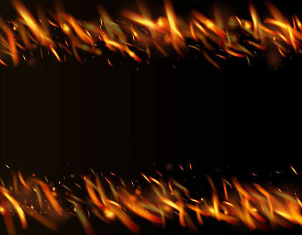 炎の火が背景に輝きます。明るい夜、キラキラ星。現実的なエネルギーグロー。現実的な火のイメージを黒で。熱い燃えるような金のフラッシュ。孤立した火、黄色のオレンジ赤の火花、煙. - ベクター画像
