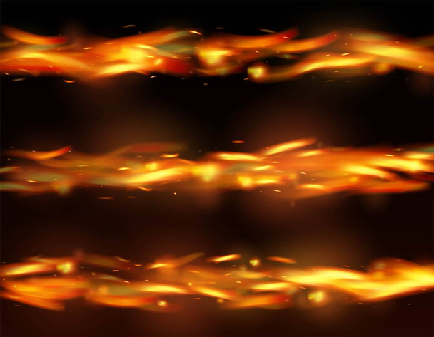 Brennende Flamme Funken Hintergrund. Vereinzeltes Feuer, gelb-orange-rote Funken, Rauch. Realistische Energie glühen. Glühende Flamme blitzt auf. Helle Nacht, Goldglitzern. Realistisches Brandbild auf Schwarz. - Vektor, Bild