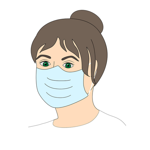 The face of a woman or a young girl in a mask. Protection against pandemics, epidemics, viruses and flu. Vector stock illustration of a man or paramedic head isolated on a white background. - Vector, Image