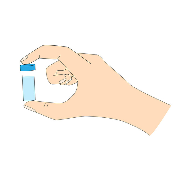 Hand with a test tube between thumb and forefinger. Plenty for your test tube text. It can be a vaccine, blood for analysis, samples of bacteria, viruses. Medical and epidemiological illustration. - Vector, Image