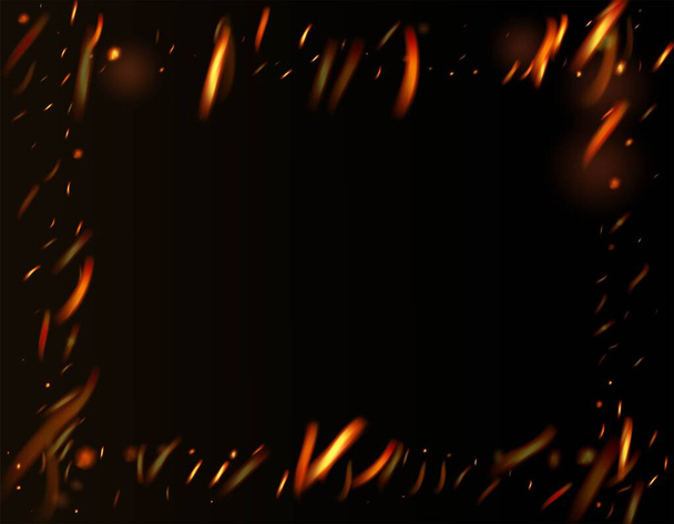 Brennende Flamme Funken Hintergrund. Realistische Feuerwirkung auf Schwarz. Helle Nacht, glitzernde Sterne. Vereinzeltes Feuer, rot-orange-gelbe Funken, Rauch. Glühende Flamme blitzt auf. Realistischer Energieschein. - Vektor, Bild