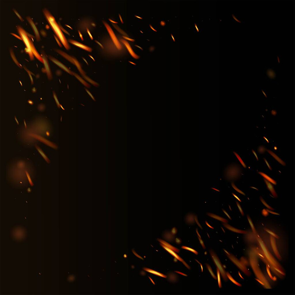Blazing Flame Fiery Sparks Background. Realistic Energy Glow. Isolated Fire, Red Orange Yellow Sparkles, Smoke. Realistic Fire Effect on Black. Bright Night, Gold Glitter. Hot Burning Gold Flashes. - Vector, Image