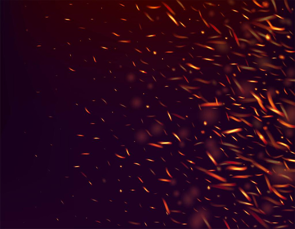 Vurige vlam Vurige Sparkles Achtergrond. Geïsoleerd vuur, Red Yellow Orange Sparks, Smoke. Realistische Energie Gleam. Opvliegers met gloeiende gloed. Realistisch vuureffect op zwart. Heldere nacht, Glitter Gold. - Vector, afbeelding