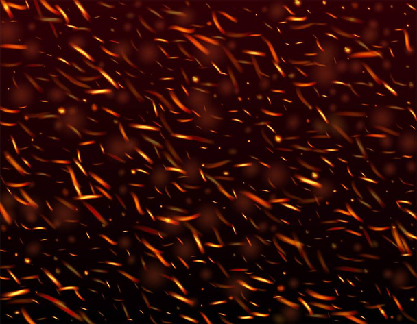Brandende vlam woeste vonken achtergrond. Realistisch vuurbeeld op zwart. Geïsoleerd Vuur, Geel Oranje Rode Sparkles, Rook. Fijne avond, Gouden Glitter. Opvliegers met gloeiend goud. Realistische Energie Glow. - Vector, afbeelding