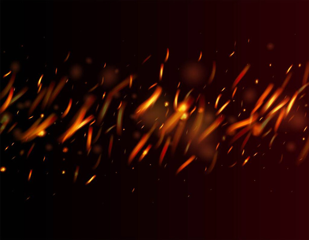 Flammende Flamme Funken Hintergrund. Realistische Feuerwirkung auf Schwarz. Realistische Energie glühen. Heiße brennende Flocken blitzen auf. Vereinzeltes Feuer, rot-gelb-orange Funken, Rauch. Helle Nacht, Sterne Gold. - Vektor, Bild