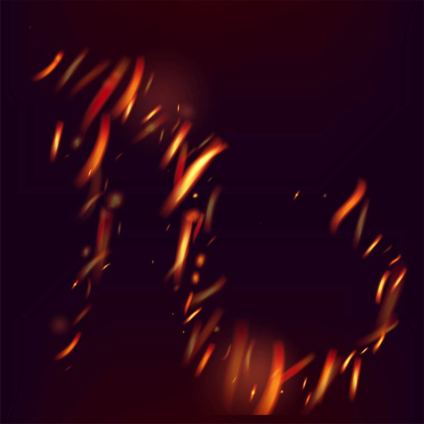 Brennende Flamme Funken Hintergrund. Helle Nacht, glitzernde Sterne. Vereinzeltes Feuer, rot-orange-gelbe Funken, Rauch. Realistischer Energieschein. Glühende Flamme blitzt auf. Realistisches Brandbild auf Schwarz. - Vektor, Bild