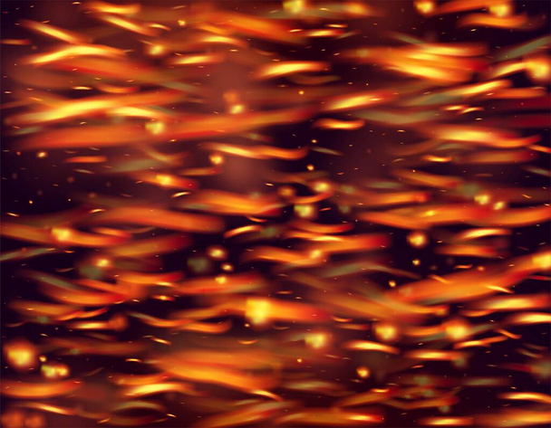 Flammende Flamme Fiery Sparkles Hintergrund. Helle Nacht, Sterne glitzern. Realistische Energie glühen. Vereinzeltes Feuer, orange-gelb-rote Funken, Rauch. Hot Burning Glow Flashes. Realistische Feuerwirkung auf Schwarz. - Vektor, Bild
