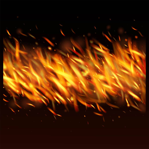 Burning Flame Fiery Sparkles Background. Realistic Energy Glow. Isolated Fire, Yellow Orange Red Sparks, Smoke. Bright Night, Glitter Stars. Hot Blazing Gold Flashes. Realistic Fire Effect on Black. - Vector, Image