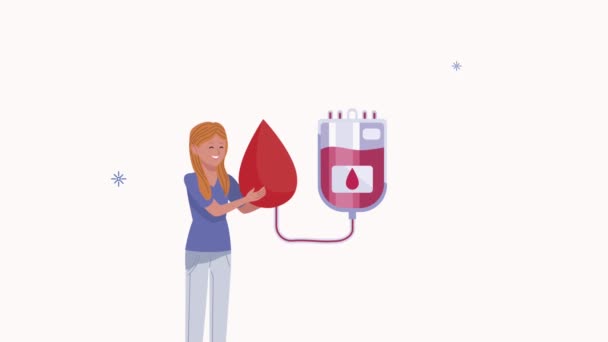 donante mundial de sangre día campaña mujer con bolsa y gota - Metraje, vídeo