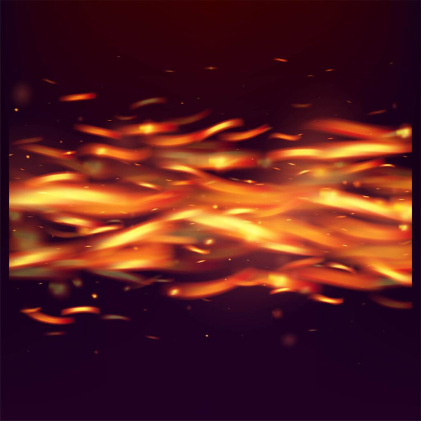Blazing Flame Fiery Sparks Background. Realistic Energy Glow. Bright Night, Gold Glitter. Hot Burning Flake Flashes. Realistic Fire Image on Black. Isolated Fire, Orange Red Yellow Sparkles, Smoke. - Vector, Image