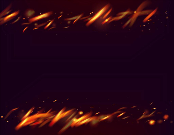 Vurige vlam Vurige Sparkles Achtergrond. Geïsoleerd vuur, Red Yellow Orange Sparks, Smoke. Realistische Energie Gleam. Brandende gouden flitsen. Realistisch vuurbeeld op zwart. Fijne avond, Glitter Stars.. - Vector, afbeelding