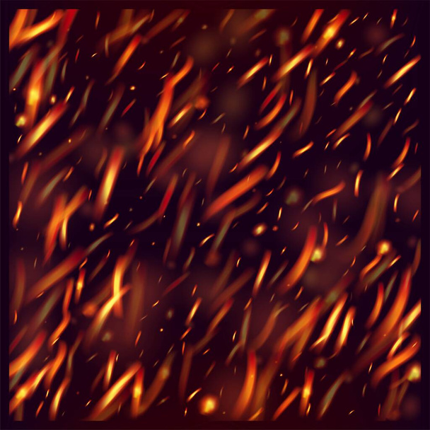 炎の火が背景に火花を消す。現実的なエネルギーグロー。ホット・バーニング・フレーク。明るい夜、星の輝き。孤立した火災、赤黄橙色の輝き、煙。現実的な火災画像上の黒. - ベクター画像
