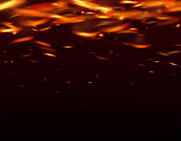 Brennende Flamme feurige Funken Hintergrund. Helle Nacht, goldene Sterne. Realistisches Feuerbild auf Schwarz. Vereinzeltes Feuer, gelb-orange-rote Funken, Rauch. Realistischer Energieschein. Heiße lodernde Blitze. - Vektor, Bild
