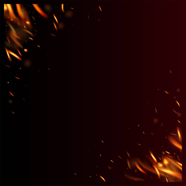 Burning Flame Fiery Sparkles Background. Realistic Fire Effect on Black. Realistic Energy Gleam. Isolated Fire, Red Orange Yellow Sparks, Smoke. Hot Blazing Gold Flashes. Bright Night, Gold Stars. - Vector, Image