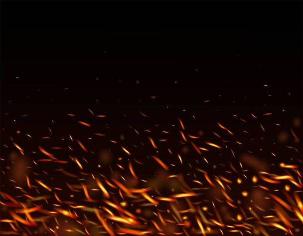 Blazing Flame Fiery Sparks Achtergrond. Realistisch vuureffect op zwart. Realistische Energie Glow. Geïsoleerd vuur, oranjegele rode vonken, rook. Fijne avond, Glitter Stars. Opvliegers met gloeiend goud. - Vector, afbeelding