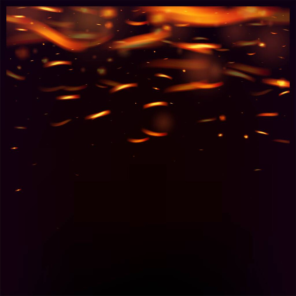 Flammende Flamme Fiery Sparkles Hintergrund. Helle Nacht, goldene Sterne. Realistischer Energieschein. Hot Burning Glow Flashes. Realistisches Feuerbild auf Schwarz. Isoliertes Feuer, orange-gelb-rote Funken, Rauch. - Vektor, Bild