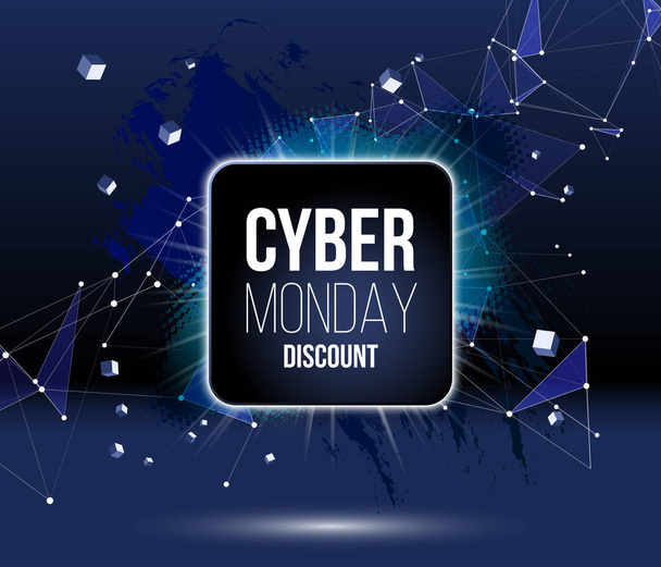 Cyber monday sale discount poster or banner with shiny emblem, lines and triangles in technology style - Vektor, Bild