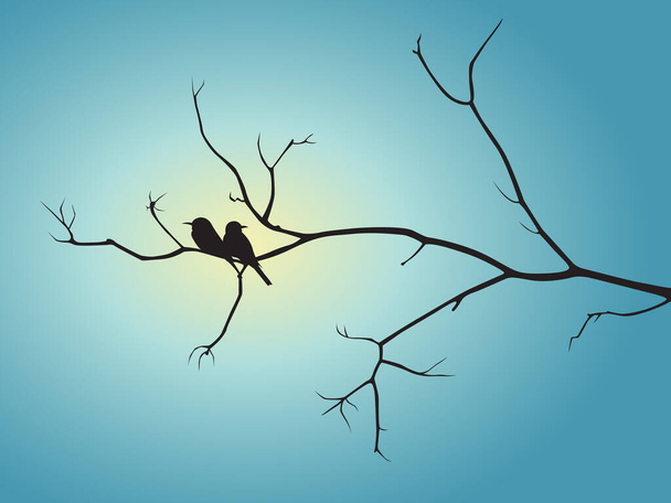 Mavi güneş ışığı vektör tasarımında siyah gölge kuşu ve ağaç dalı - Vektör, Görsel