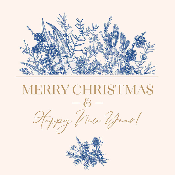 Christmas botanical card. Forest bouquet with winter plants. Blue. - Vettoriali, immagini