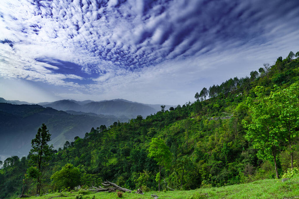 piękny górski krajobraz z zielonymi drzewami i błękitnym niebem - Zdjęcie, obraz