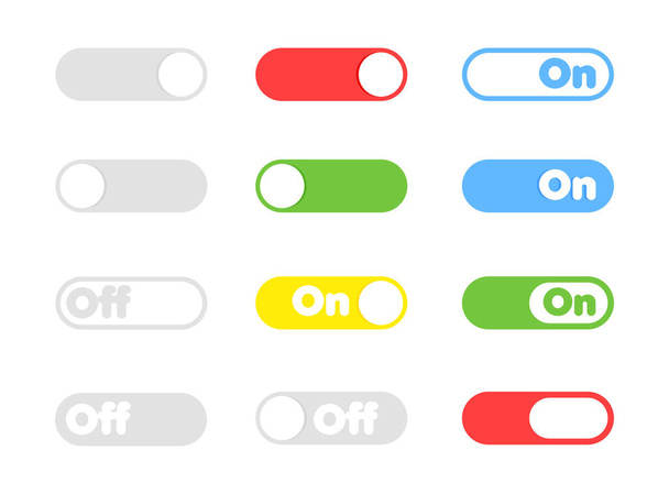 Кнопки переключения включения и выключения. Различные цветовые кнопки для мобильного приложения и социальных сетей. Векторная иллюстрация. - Вектор,изображение