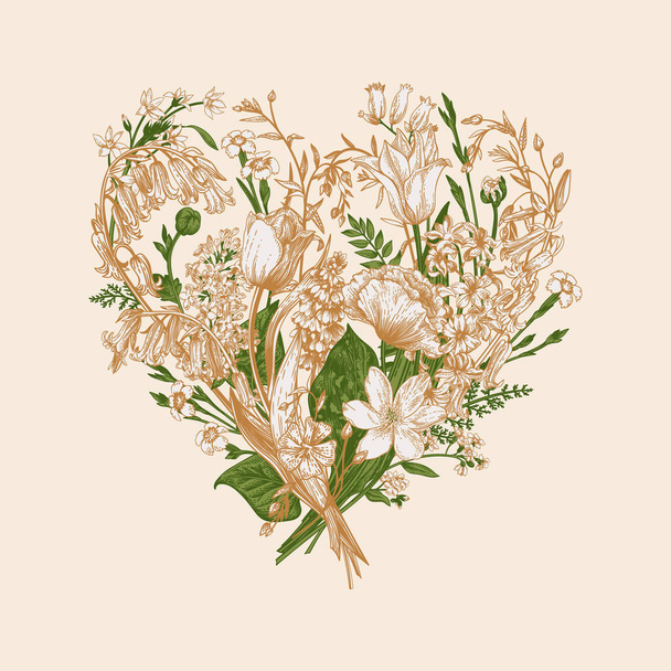 Herbal heart. Floral bouquet. Summer and spring flowers and herbs. Vector botanical illustration. Isolated. - Διάνυσμα, εικόνα