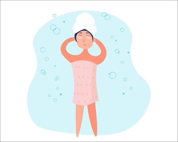  A girl after the shower with towel wrapped around the head on the blue background with bubbles. A cute cartoon character. - Vecteur, image