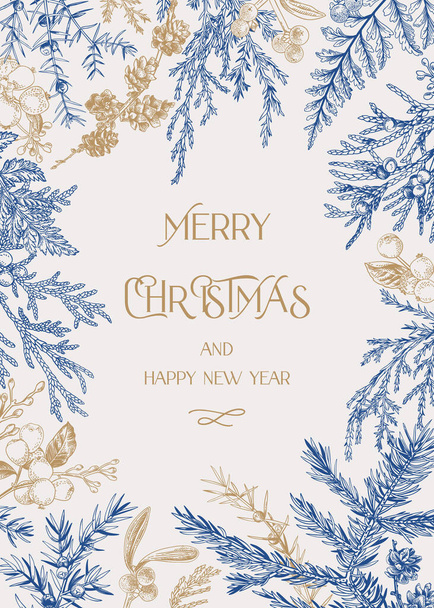 Forest christmas frame. Vector botanical illustration. Blue and gold. - Vecteur, image