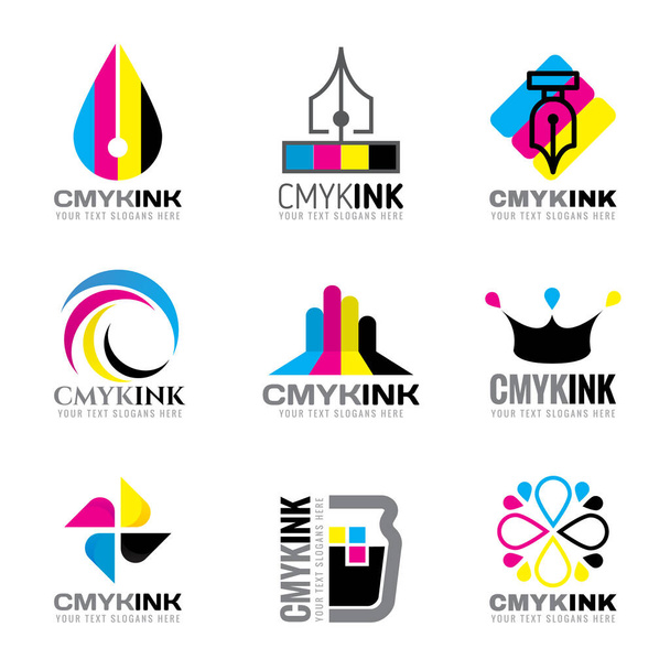 CMYK inkoust logo vektor set designu - azurová a fialová a žlutá a klíč (černá) barva - Vektor, obrázek