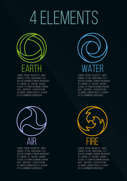 Természet 4 elem kör logó jel. Föld, víz, tűz, levegő. sötétkék háttér. - Vektor, kép