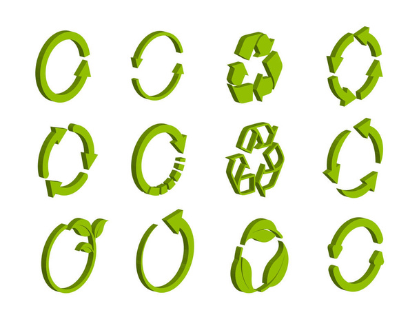 Isometrische Sammlung von Recyclingsymbolen. Vektor-Set von grünen Kreispfeilen isoliert auf weißem Hintergrund. Pfeil drehen und Ladesymbol drehen. Eco Logo 3D-Konzept. - Vektor, Bild