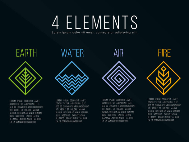 Letrero de logotipo cuadrado de diamante de naturaleza 4 elementos. Agua, Fuego, Tierra, Aire. sobre fondo oscuro. - Vector, imagen