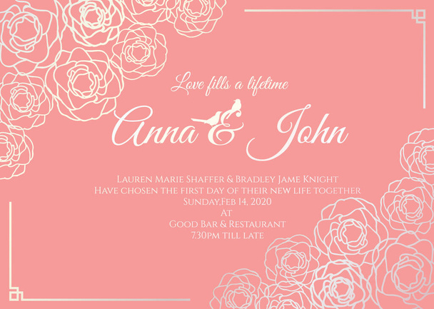 Hochzeitskarte - silberne Rose Blumenrahmen und alte Rose Hintergrund Vektor-Vorlage-Design - Vektor, Bild
