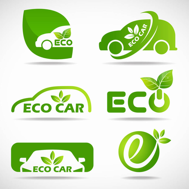Логотип экологического автомобиля - векторный дизайн зеленого листа и автомобильного знака - Вектор,изображение