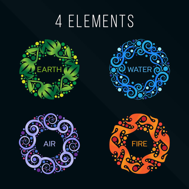 Natura 4 elementy okrąg abstrakcyjny znak. Woda, ogień, ziemia, powietrze. na ciemnym tle. - Wektor, obraz