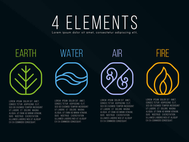 Nature 4 éléments en octogone icône bordure signe. Eau, Feu, Terre, Air. sur fond sombre. - Vecteur, image
