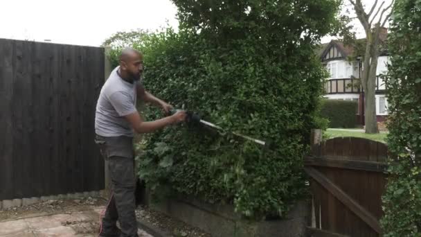 UK Ázsiai felnőtt kopasz férfi használ elektromos sövénynyíró kívül elülső kertben. Lezárva - Felvétel, videó