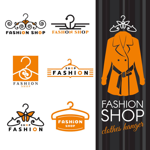 Logotipo de la tienda de moda - camisas naranja y percha de ropa logo vector conjunto de diseño - Vector, imagen