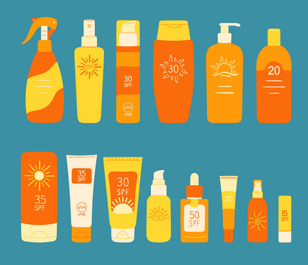 Set of SPF bottles, tubes. Sunscreen protection and sun safety. Sunscreen cream, lotion isolated collection. Protection against UVA, UVB rays. Hand drawn organic vector illustration.  - Vektor, kép