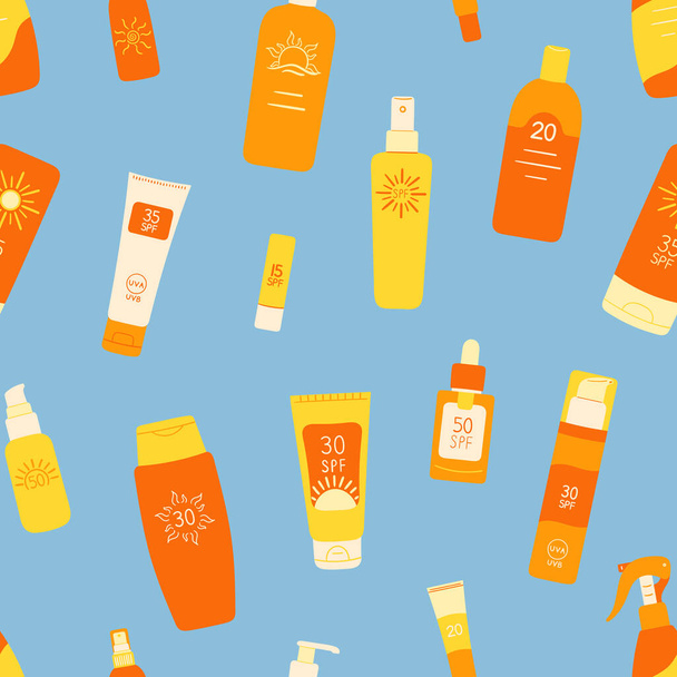 Seamless pattern of sunscreen bottles, tubes, spray. SPF cream, lotion ornament. Sunscreen protection and sun safety. Hand drawn organic vector illustration. - Vector, Image