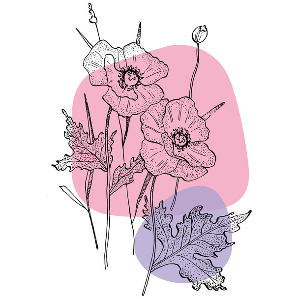 Contemporary art poppies posters in trendy colors. Abstract hand drawing flowers and geometric elements and strokes, leaves and flower. Modern design for social media, invitation, postcards, print for wall art. - ベクター画像