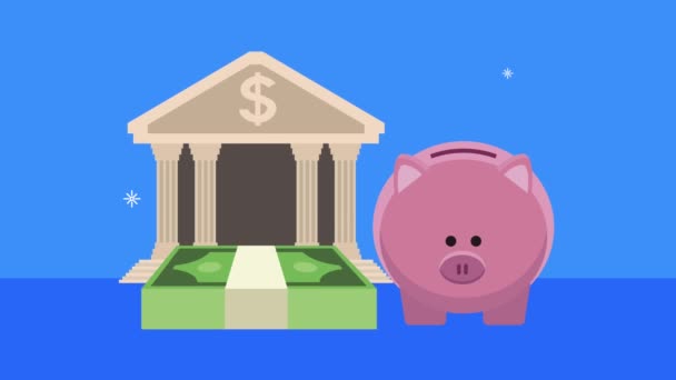 budynek banku i rachunki dolary z oszczędności świnki - Materiał filmowy, wideo