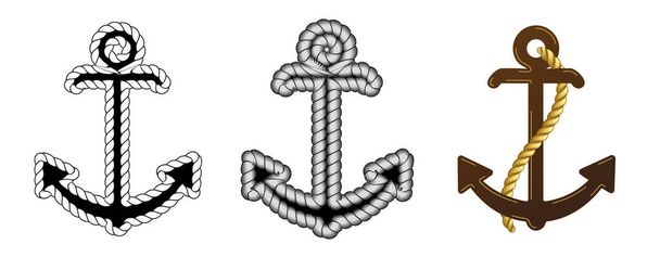 Három vektoros horgonyzó logó. Ikon. Tengerészgyalogos. Tengeri óceáni csónak illusztráció szimbólum - Vektor, kép