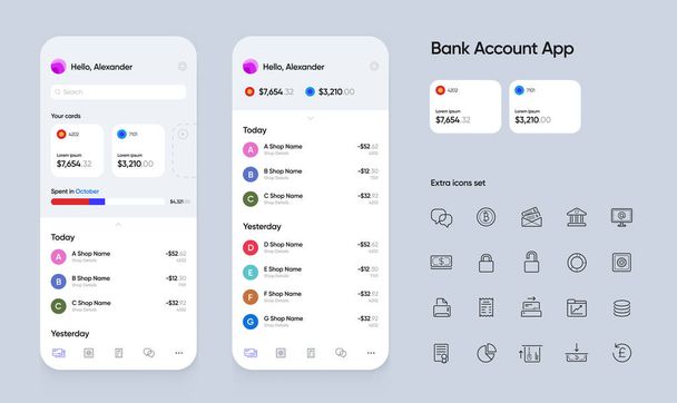 Banking App User Interface (UI) for Smartphones with Extra Set of Icons. Finance Investment Tools. Vector. - Vector, Image