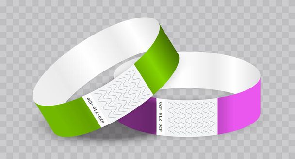 Empty paper or tyvek bracelet or wristband. Sticky hand entrance event paper bracelet isolated on a transparent background.  - ベクター画像