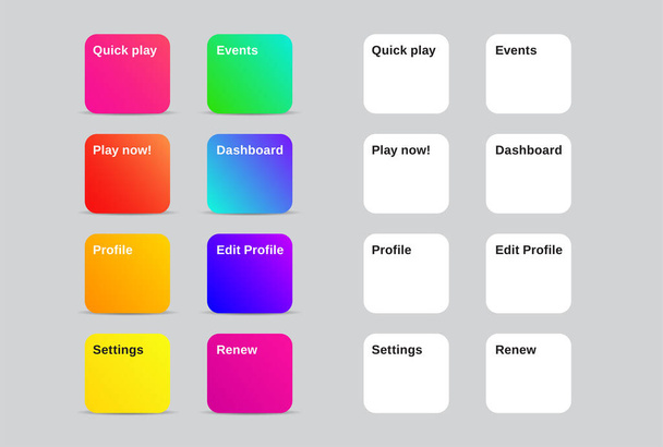 Zestaw Square Modern Gradient App, strona internetowa lub przyciski gry. Modne gradientowe kolory. Płaska konstrukcja. - Wektor, obraz