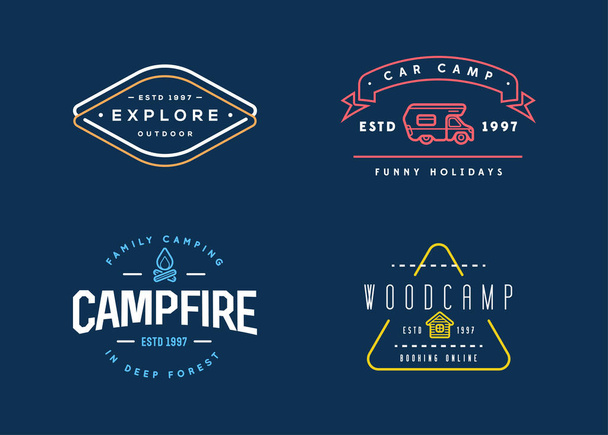 Πρότυπα λογότυπου Wilderness Camping Υπογραφή Σχεδίαση με στοιχεία και φανταστικό δείγμα κειμένου.  - Διάνυσμα, εικόνα